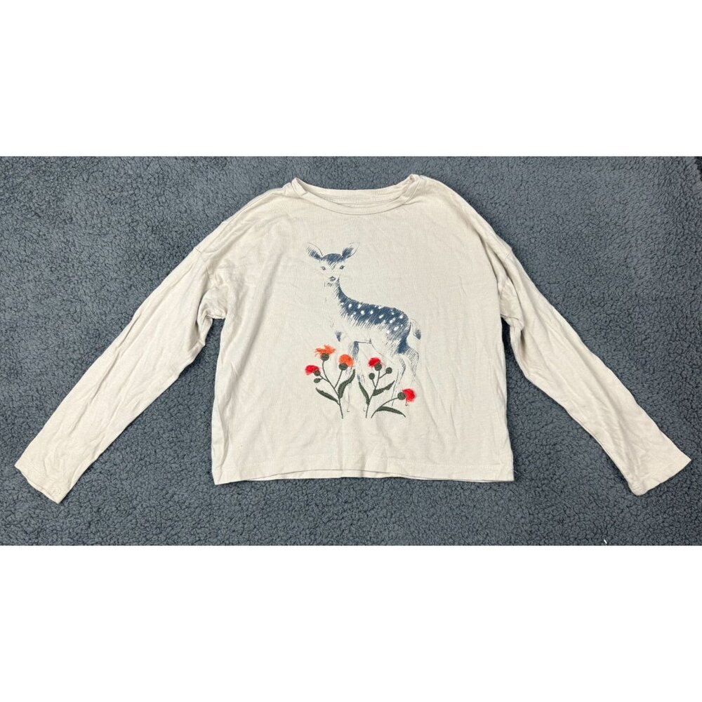 Gymboree Girls Long Sleeve Deer Print Top Size M Cotton Beige